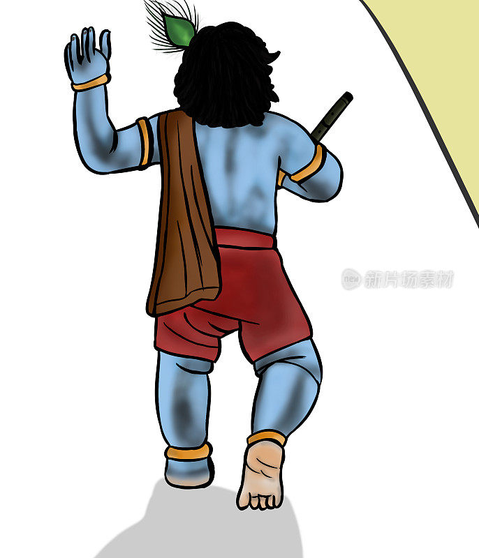 走路的孩子或巴拉主shri Krishna的后视图，手里拿着长笛
